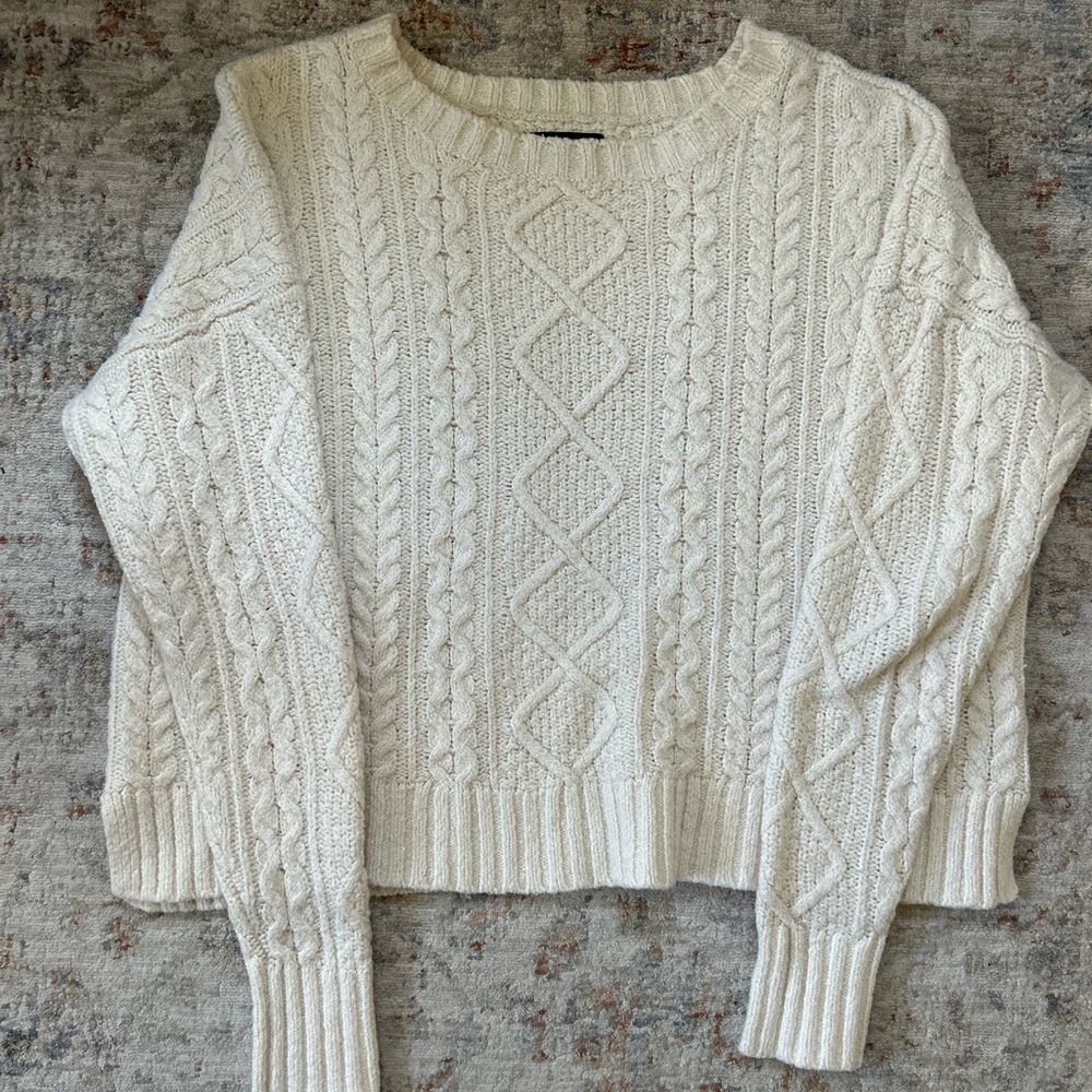 American Eagle Outfitters Cream Cable Knit Crew Sweater